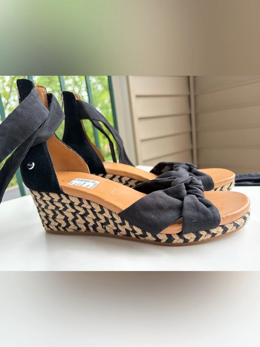🆕🖤UGG Black Espadrille Wedge Sandals Lace-Up Ankle Tie Platform Shoes Size 8.5 - Picture 3 of 13